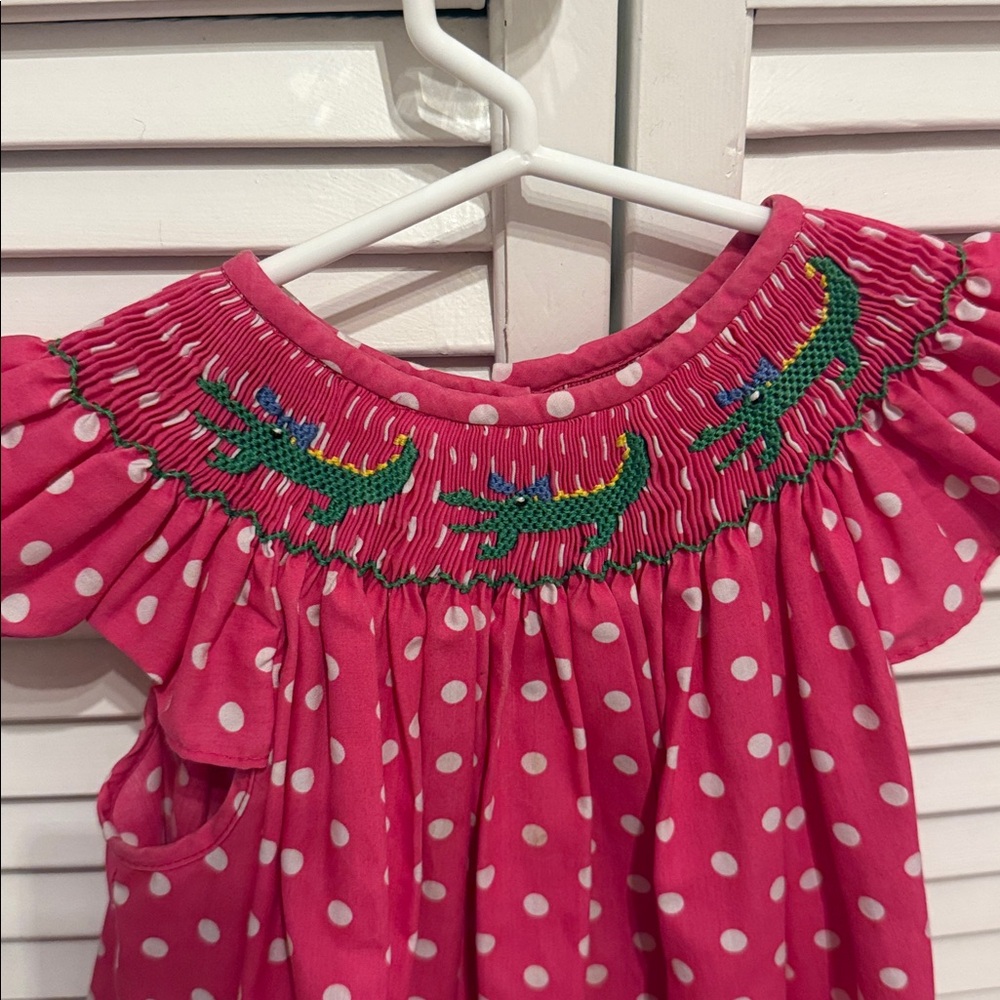 Smocked Alligator Pink Polka Dot Kids Dress